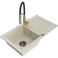Mexen Pablo granieten gootsteen 1-komorige met afdruiprek en keukenmengkraan Aster, beige - 6510-69-73450-57-B