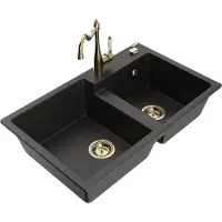 Mexen Tomas granieten spoelbak met 2 koen met keukenmengkraan Carla, zwart/gouden metallic - 6516-75-670700-50