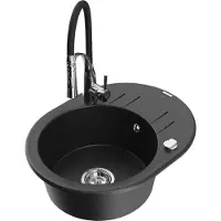Mexen Kevin granieten spoelbak 1-komorig met afdruiprek en keukenkraan Aster, zwart/zilver metallic - 6517-73-73450-07