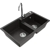 Mexen Tomas granieten 2-komoren spoelbak met keukenmengkraan Telma, zwart/goud metallic - 6516-75-670200-00