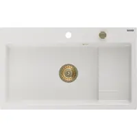 Mexen Omar granieten gootsteen 1-komorige 800 x 480 , wit, gouden sifon - 6520801005-20-G