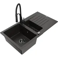 Mexen Matias granieten gootsteen, 1,5-kamerig met afdruiprek en keukenmengkraan Aster, zwart/goud metallic - 6502-75-73450-70-B