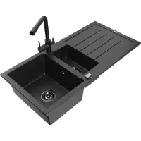 Mexen Andres granieten gootsteen 1,5-kamer met afdruiprek en keukenkraan Duero, zwart/zilver - 6515-73-671600-70-B