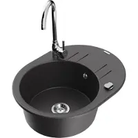 Mexen Kevin granieten spoelbak 1-komor met afdruiprek en keukenmengkraan Telma, zwart gespikkeld - 6517-76-670200-00
