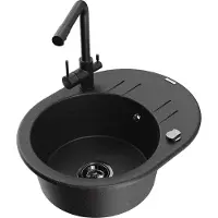 Mexen Kevin granieten spoelbak 1 kamer met afdruiprek en keukenmengkraan Duero, zwart/zilver metallic - 6517-73-671600-70-B