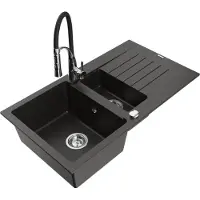 Mexen Matias granieten spoelbak 1,5-baks met afdruiprek en keukenmengkraan Aster, zwart/goud metallic - 6502-75-73450-07