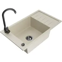 Mexen Elias granieten gootsteen 1-komors met afdruiprek en keukenkraan Telma, beige - 6511-69-670200-70