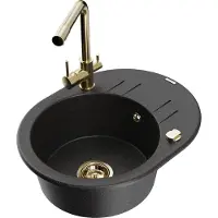 Mexen Kevin granieten gootsteen 1-koer met afdruiprek en keukenmengkraan Duero, zwart/zilver metallic - 6517-73-671600-50