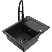 Mexen Enzo granieten spoelbak met 1 kom met afdruiprek en keukenmengkraan Aster, zwart/goud metallic - 6506-75-73450-70-B