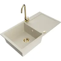 Mexen Leo granieten spoelbak 1-koer met afdruiprek en keukenmengkraan Telma, beige - 6501-69-670200-50