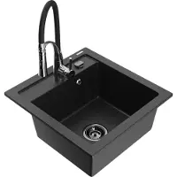 Mexen Vito granieten gootsteen met 1 bak met Aster keukenmengkraan, zwart/zilverkleurig metallic- 6503-73-73450-07-B
