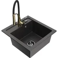 Mexen Vito granieten spoelbak met 1 bak en Aster keukenmengkraan, zwart gespikkeld - 6503-76-73450-57-B