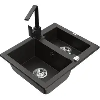 Mexen Carlos granieten spoelbak 1,5-komor met keukenmengkraan Rita, zwart/goud metallic - 6518-75-670300-70