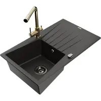 Mexen Cesar granieten gootsteen 1-komor met afdruiprek en keukenmengkraan Duero, zwart/goud metallic - 6514-75-671600-50-B
