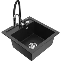 Mexen Vito granieten spoelbak met 1 bak en Aster keukenmengkraan, zwart/zilver metallic- 6503-73-73450-07