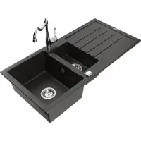 Mexen Andres granieten spoelbak 1,5-komor met druiprek en keukenmengkraan Carla, zwart/goud metallic - 6515-75-670700-00