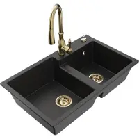 Mexen Tomas granieten gootsteen 2-kamer met keukenkraan Savita, zwart/zilver metallic - 6516-73-672601-50