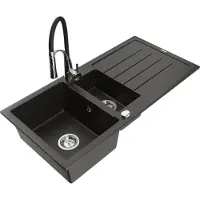 Mexen Andres granieten spoelbak 1,5-kompartiment met afdruiprek en keukenmengkraan Aster, zwart/goud metallic - 6515-75-73450-07