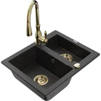 Mexen Carlos granieten gootsteen 1,5-kamer met keukenmengkraan Savita, zwart/zilver metallic - 6518-73-672601-50