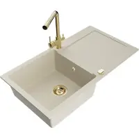 Mexen Leo granieten spoelbak met 1 bak, afdruiprek en Duero keukenmengkraan, beige- 6501-69-671600-50