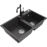 Mexen Tomas granieten spoelbak 2-kamer met keukenmengkraan Carla, zwart gespikkeld - 6516-76-670700-70