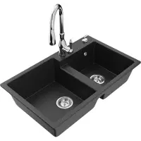 Mexen Tomas granieten 2-baks gootsteen met keukenmengkraan Savita, zwart/zilver metallic - 6516-73-672601-00