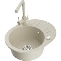 Mexen Kevin granieten spoelbak 1-komor met afdruiprek en keukenkraan Duero, beige - 6517-69-671600-69