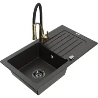 Mexen Pablo granieten spoelbak 1-komps met afdruiprek en keukenmengkraan Aster, zwart/gouden metallic - 6510-75-73450-57-B