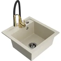 Mexen Vito granieten gootsteen met 1 bak en keukenmengkraan Aster, beige - 6503-69-73450-57-B