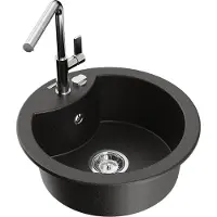 Mexen Diego granieten gootsteen met 1 bak en Flora keukenkraan, zwart/goud metallic - 6512-75-670401-00