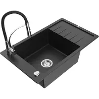 Mexen Elias granieten spoelbak met 1 kom, afdruiprek en Aster-keukenkraan, zwart/zilver metallic - 6511-73-73450-07