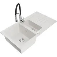 Mexen Matias granieten gootsteen 1,5-kamer met afdruiprek en keukenmengkraan Aster, wit - 6502-20-73450-07