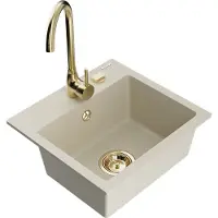 Mexen Milo granieten gootsteen 1-komor met Telma keukenkraan, beige - 6505-69-670200-50