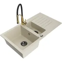Mexen Matias granieten spoelbak 1,5-komers met afdruiprek en keukenmengkraan Aster, beige - 6502-69-73450-57-B