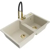 Mexen Tomas granieten spoelbak met 2 kamers en keukenkraan Aster, beige - 6516-69-73450-57-G