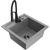 Mexen Vito granieten gootsteen 1-komp met keukenmengkraan Aster, grijs - 6503-71-73450-70-B