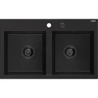 Mexen Hektor granieten spoelbak met 2 compartimenten 800 x 480 , zwart, zwarte sifon - 6521802000-77-B
