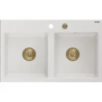Mexen Hektor granieten gootsteen 2-kamer 800 x 480 , wit, gouden sifon - 6521802000-20-G