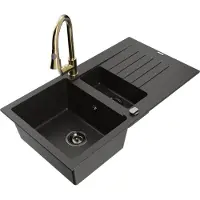 Mexen Matias granitische spoelbak met 1,5 kamers, afdruiprek en Elia keukenkraan, zwart/goud metallic - 6502-75-670101-50-B
