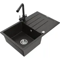 Mexen Bruno granieten gootsteen 1-kompartment met afdruiprek en Duero keukenmengkraan, zwart/goud metallic - 6513-75-671600-70