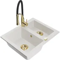 Mexen Carlos granieten spoelbak 1,5-komorige met keukenmengkraan Aster, wit - 6518-20-73450-57-G