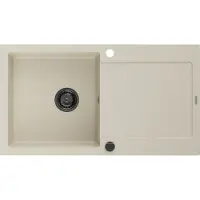 Mexen Leo granieten spoelbak met 1 bak met afdruiprek 900 x 500 , beige, zwarte sifon - 6501901010-69-B