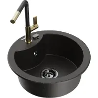 Mexen Diego granieten spoelbak 1-kamer met keukenmengkraan Flora, zwart/goud metallic - 6512-75-670401-57-B