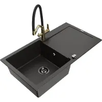 Mexen Leo granieten gootsteen 1-komers met afdruiprek en keukenmengkraan Duo, zwart/goud metallic - 6501-75-671701-57-B