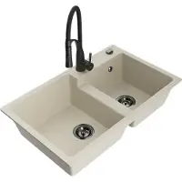 Mexen Tomas granieten gootsteen 2-kamer met keukenmengkraan Aster, beige - 6516-69-73450-70-B