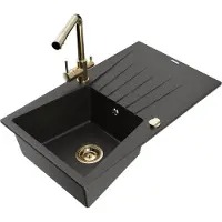 Mexen Cesar granieten gootsteen, 1-komors met afdruiprek en keukenmengkraan Duero, zwart/goud metallic - 6514-75-671600-50