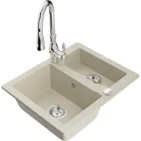 Mexen Carlos granieten gootsteen 1,5-komor met keukenmengkraan Savita, beige - 6518-69-672601-00