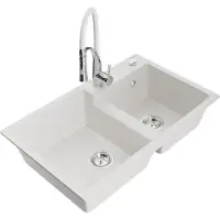 Mexen Tomas granieten gootsteen 2-kamer met keukenkraan Aster, wit - 6516-20-73450-02