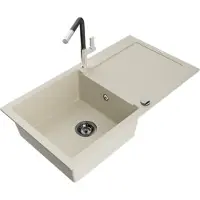 Mexen Leo granieten gootsteen 1-komoraal met afdruiprek en keukenmengkraan Flora, beige - 6501-69-670401-07-B