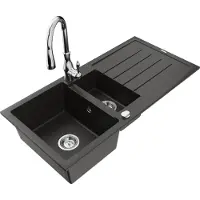 Mexen Andres granieten spoelbak 1,5-kamerig met afdruiprek en keukenmengkraan Savita, zwart/goud metallic- 6515-75-672601-00